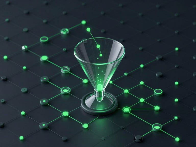 Sleek 3D render of interconnected data nodes flowing through a glass funnel, electric green accents, dark mode aesthetic, isometric