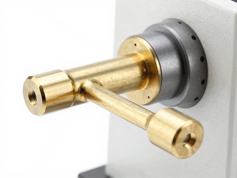 A close-up of a precision CNC lathe machining a solid brass door handle, bright high-key studio lighting, sharp focus on metallic textures, crisp white background