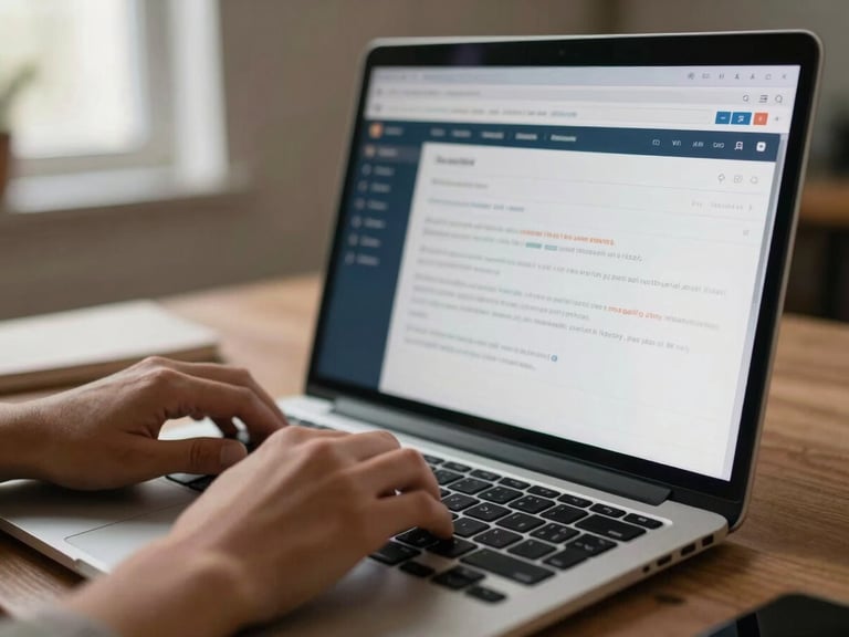 Close-up of hands typing on a laptop, showing a review management dashboard on screen, warm-lit home office, shallow depth of field, muted navy and terracotta tones.