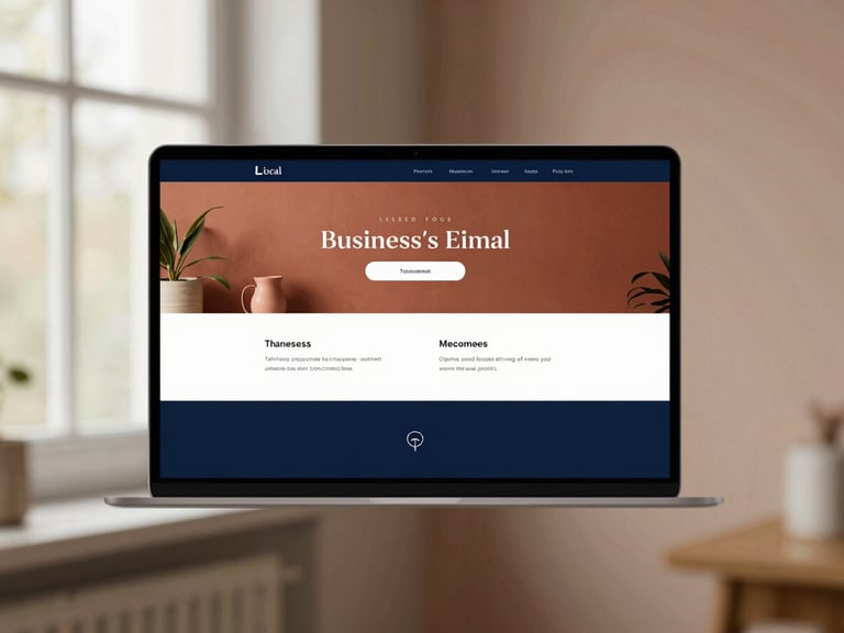 Clean desktop UI mockup of a local business website showing a modern design, soft side-lit window daylight, shallow depth of field, muted navy and terracotta tones.