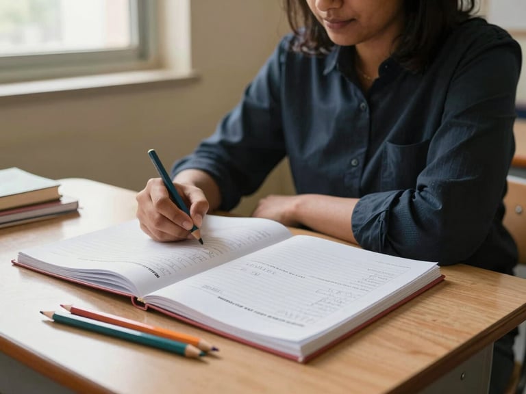 Close-up of a teacher's desk in a Lahore primary classroom under natural window light — open Oxford curriculum teacher's guide, coloured pencils, and a child's handwritten worksheet visible, warm cream walls in background