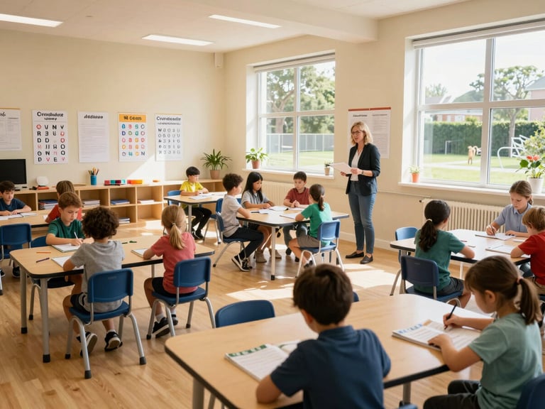Wide-angle view of a bright ACE Day Care classroom interior, natural daylight streaming through large windows, Oxford curriculum workbooks and alphabet charts visible on tables, children seated and engaged in structured activity, teacher standing at the front reviewing materials, warm cream walls