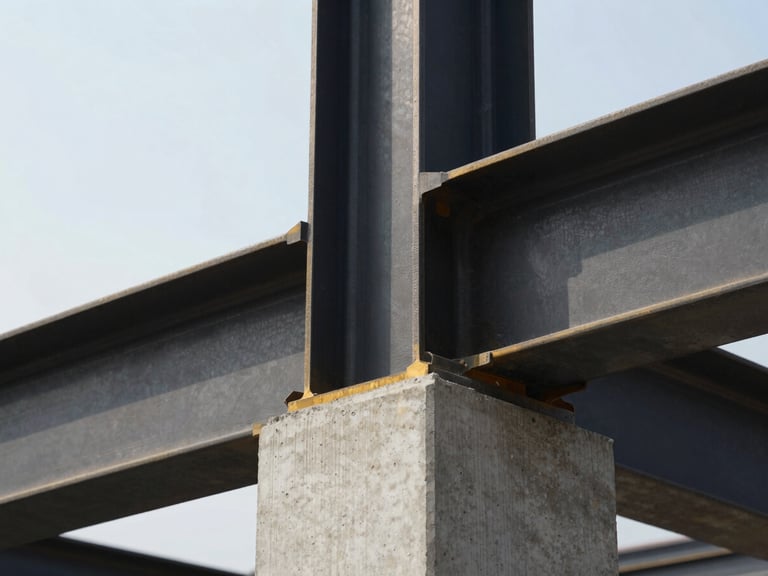 Tight detail of a structural joint, precision-cut steel beam meeting raw concrete, sharp daylight, high contrast, architectural photography