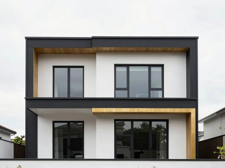 Straight-on architectural elevation of a completed modern home extension, clean minimal lines, bright overcast sky, high contrast