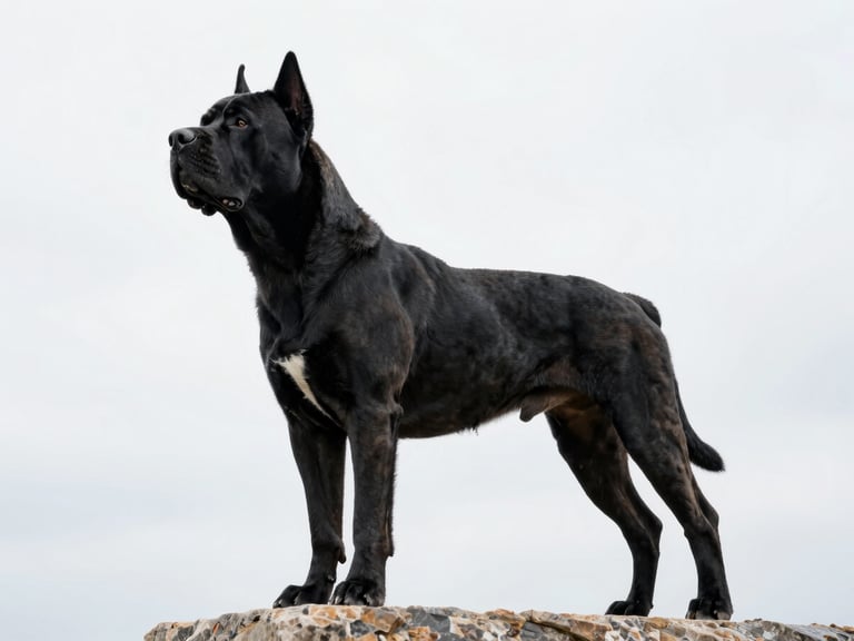 Low-angle heroic profile of a mature black Cane Corso standing alert on a granite ledge, sharp muscular definition, overcast high-contrast daylight, clean negative space.