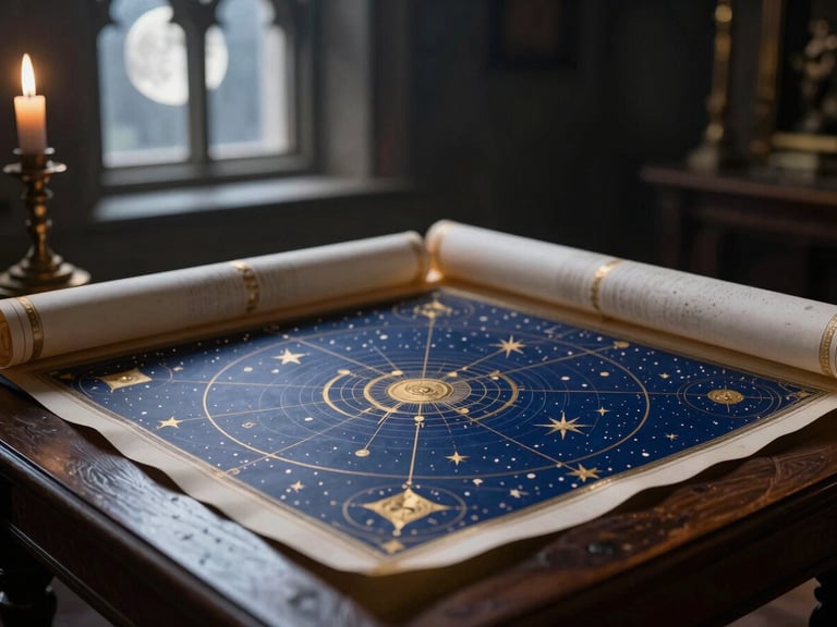 Celestial map unrolled on a dark wooden table, illuminated by moonlight filtering through a gothic window, gold accents, shallow depth of field