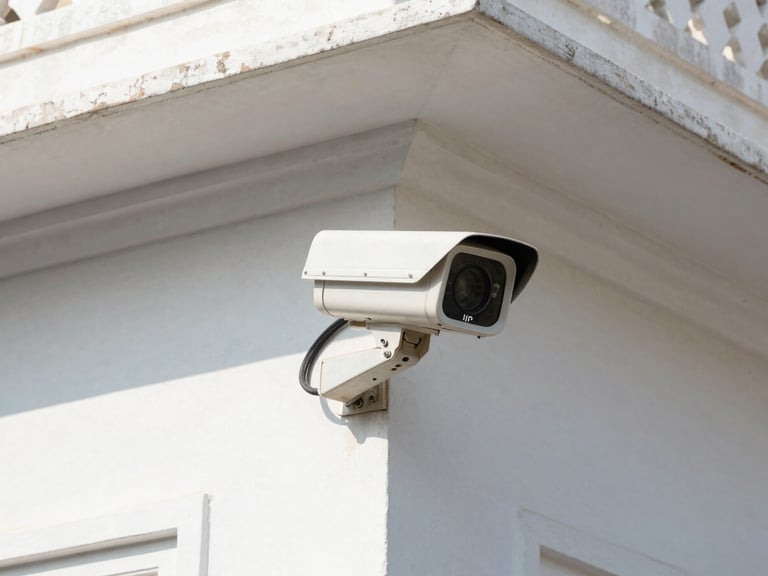 Close-up of a high-resolution IP CCTV camera mounted on a building corner, crisp focus, clear wiring, bright daylight in Udaipur.