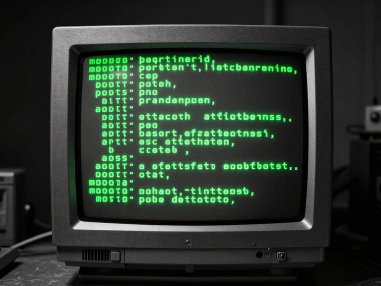 Brutalist digital photography of a CRT monitor glowing with green terminal code, harsh direct flash, high contrast black and white, macro lens, retro-futuristic laboratory setting