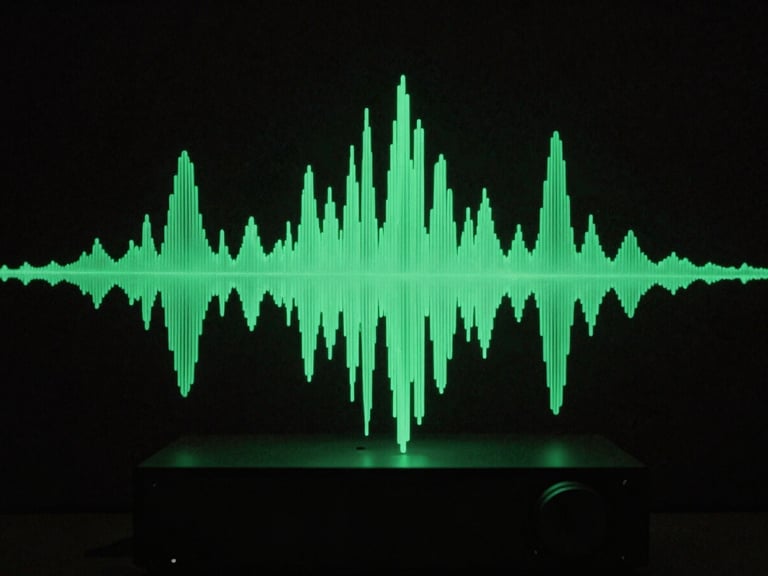 Abstract sound wave geometries interacting with a high-end audio terminal in a dark room, single-source monochromatic green luminescence, wide architectural shot, moody editorial photography, 35mm