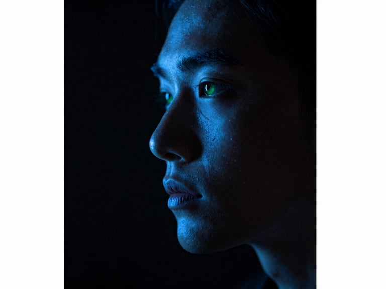 Focused human profile in deep concentration, subtle glowing deep blue luminescence highlighting facial contours, dark obsidian background, extreme macro shot, moody editorial photography, 35mm