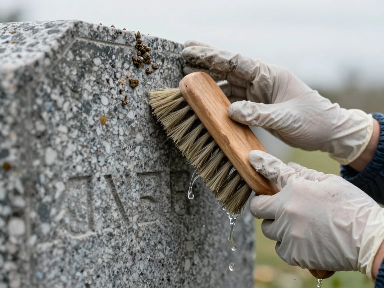 Tight macro shot of hands in protective gloves gently brushing a weathered granite headstone with a soft-bristled brush, clean water rinsing away biological growth to reveal carved lettering, soft overcast daylight.