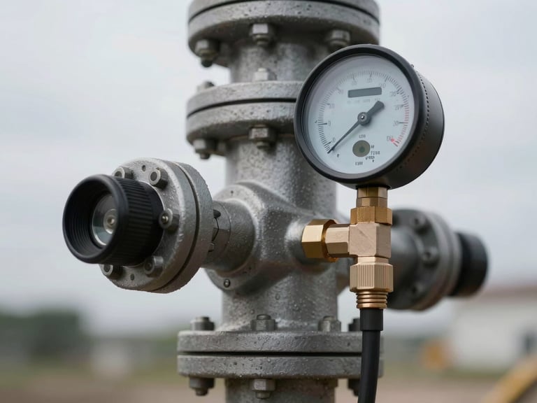 Tight macro shot of a secure heavy-duty fuel coupling with a digital flow meter displaying technical telemetry, high-contrast overcast daylight, industrial precision.