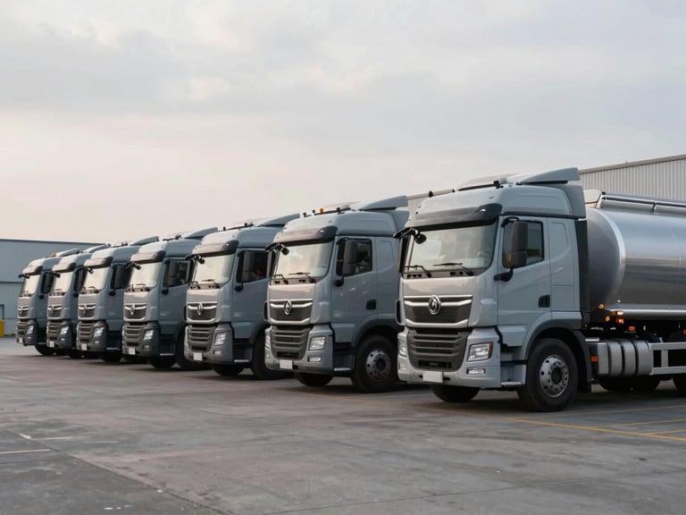 Wide environmental shot of a fleet of clean slate-gray diesel tanker trucks parked in perfect alignment at an industrial facility, overcast morning sky.