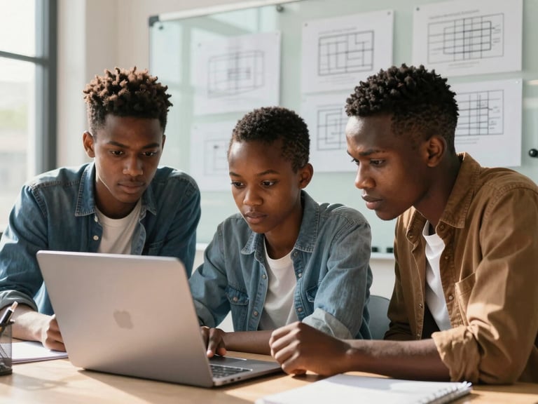 Medium shot of three African teenagers huddled over a laptop in a brightly lit modern workspace, intense focus, sketching wireframes on a glass board in the background, natural sunlight.