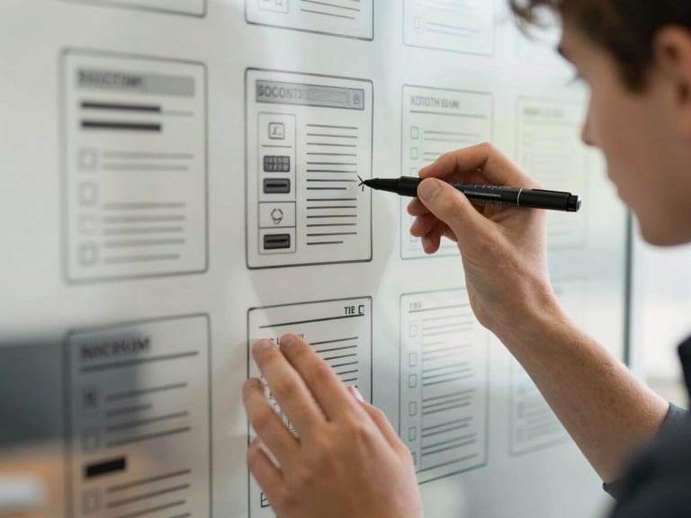 Close-up action shot of a teenager's hands sketching a user interface wireframe on a glass board, vibrant markers, bright natural light
