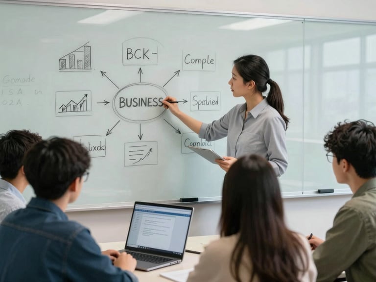 Dynamic medium shot of a high school teacher standing by a glass whiteboard, guiding three focused teenagers sketching a business model, cool laptop glow