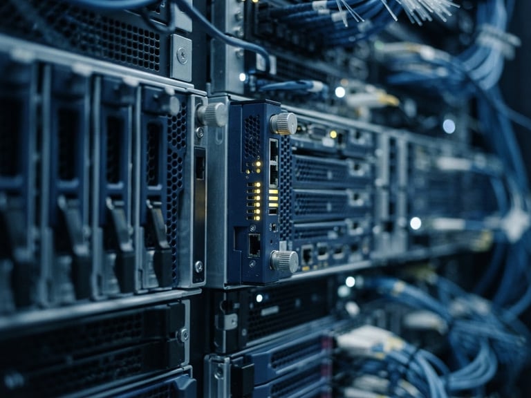 Macro close-up of high-end server infrastructure with sharp gold indicator lights, cool desaturated blue tones, shallow depth of field, 35mm photography
