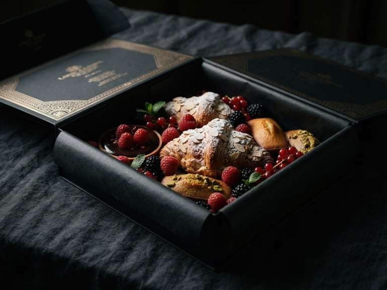 Moody food photography of an open luxury black gift box containing gourmet pastries and fresh berries, low-key dramatic side-lighting highlighting champagne gold foil details, deep graphite tones, rich textures, shallow depth of field