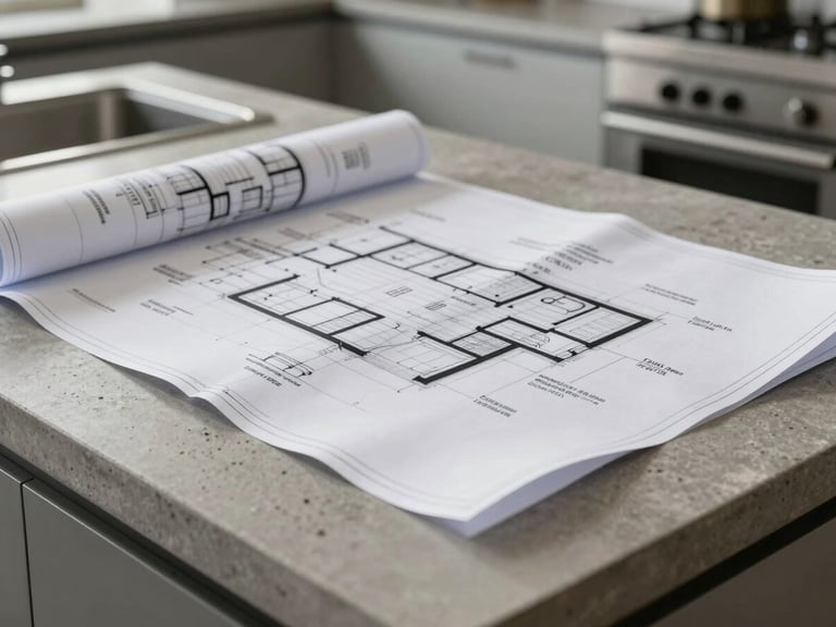 Close-up of clean architectural blueprints resting on a concrete kitchen island, bright daylight illuminating the technical drawing details.