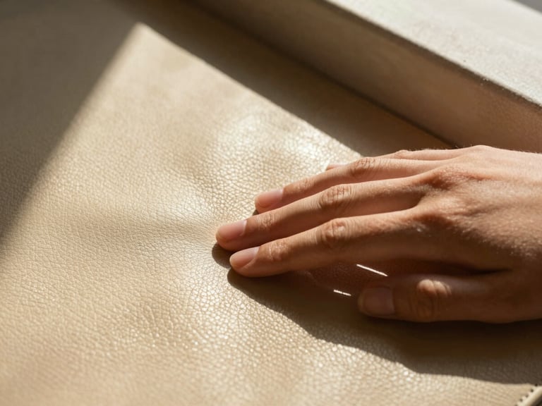 Close-up of a hand touching a piece of humidity-resistant leather, showcasing its texture and subtle sheen, with architectural shadows.