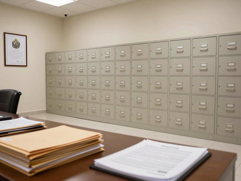 Environmental wide shot of a formal government-services office interior in neutral daylight — floor-to-ceiling filing cabinets along the far wall, a desk with stacked manila folders and an open official ledger in the foreground, UAE federal insignia visible on a framed document mounted to the left wall, no staff or clients present