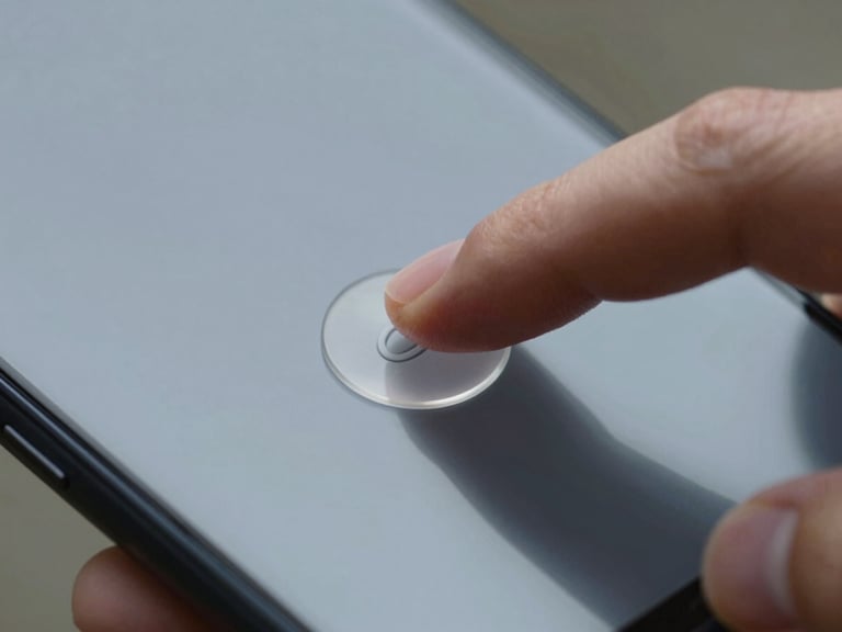 Close-up macro shot of a hand tapping a large, clear digital button on an Android smartphone screen, realistic daylight with soft shadows.