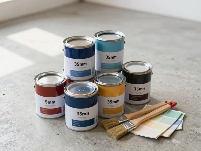 A neat stack of premium paint cans next to high-quality wooden-handled brushes on a clean concrete floor, soft morning light, editorial photography, 35mm