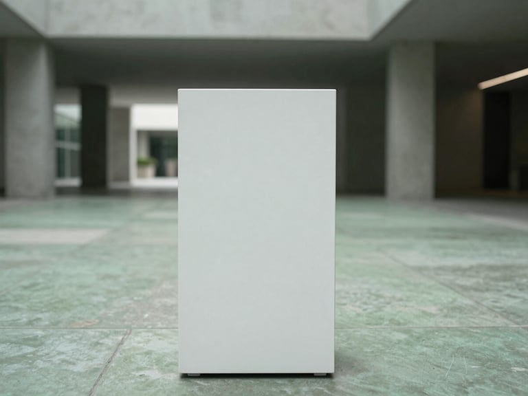 Straight-on eye-level shot of a tall rectangular matte white fibre planter in a modern concrete atrium with soft diffused overcast light.