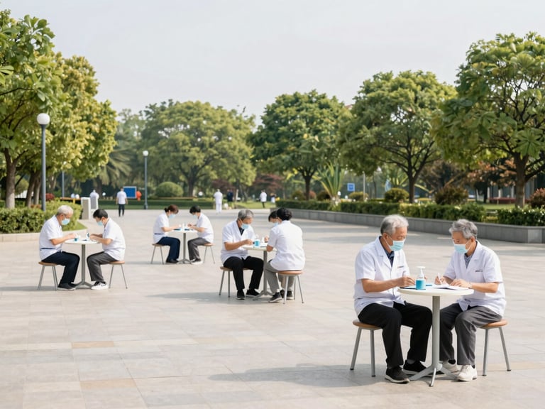 Elderly citizens participating in a health check-up in a clean public park, bright natural daylight, clean corporate colors, wide environmental framing, professional 35mm lens
