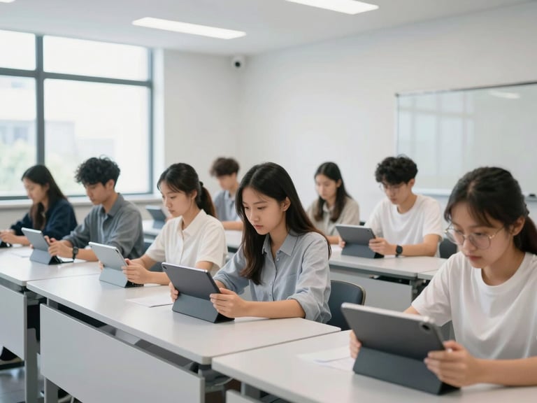 Students in a modern, well-lit classroom using digital tablets, bright natural daylight, clean corporate colors, wide environmental framing, professional 35mm lens