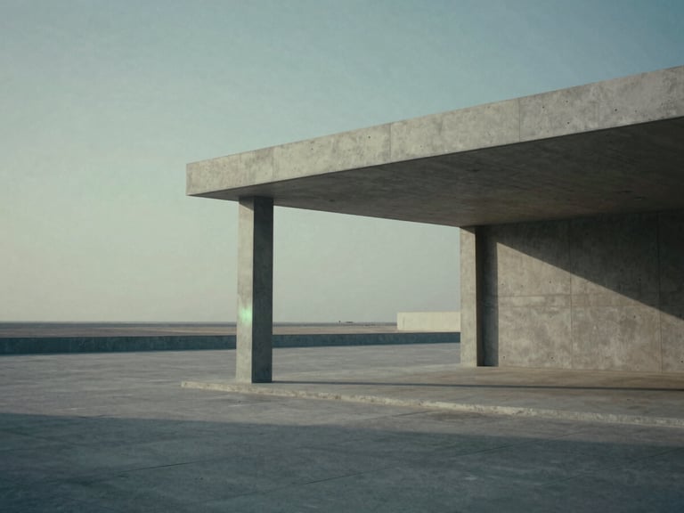 Wide-angle cinematic shot of a minimalist concrete pavilion in Dubai, sharp diagonal shadows, overcast diffused daylight, extensive negative space on the left, high contrast medium format film style.