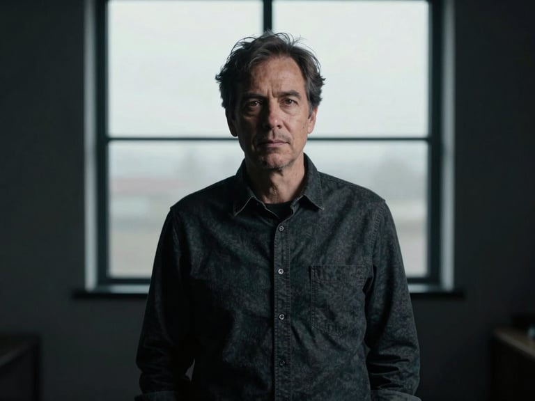 Stark, cinematic medium-format portrait of a visionary founder in a dark minimalist studio, soft overcast window light, deep shadows, cool desaturated tones.
