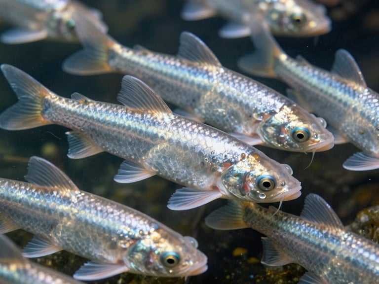 Macro shot of healthy young patin fingerlings swimming actively in clean water, showing clear silver skin texture and robust body shape