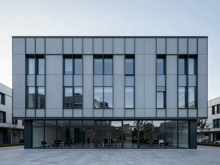 Architectural wide shot of a modern minimalist office in Ankara, cool diffused daylight, sharp focus, clean lines, desaturated blue tones.