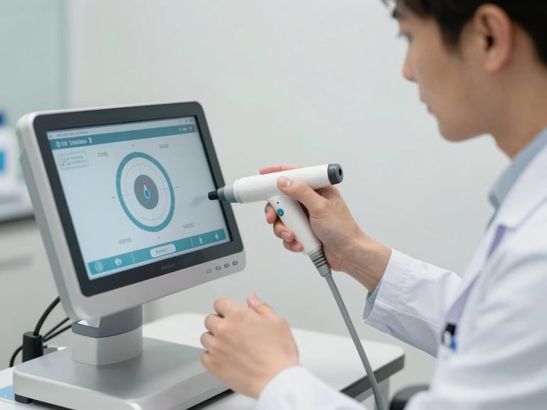 Dermatologist in a clean white coat demonstrating a device interface in a bright clinic setting.