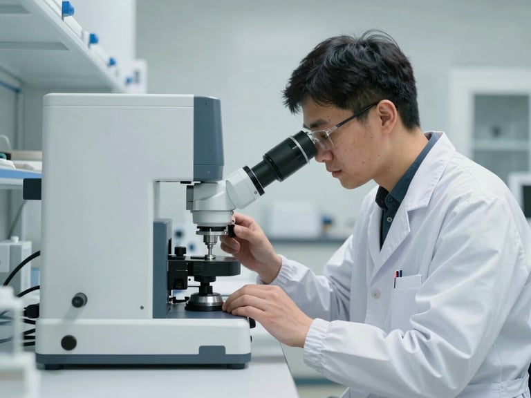 A professional biomedical engineer in a clean minimalist lab coat calibrating a high-end aesthetic device, bright clinical lighting, focused composition.