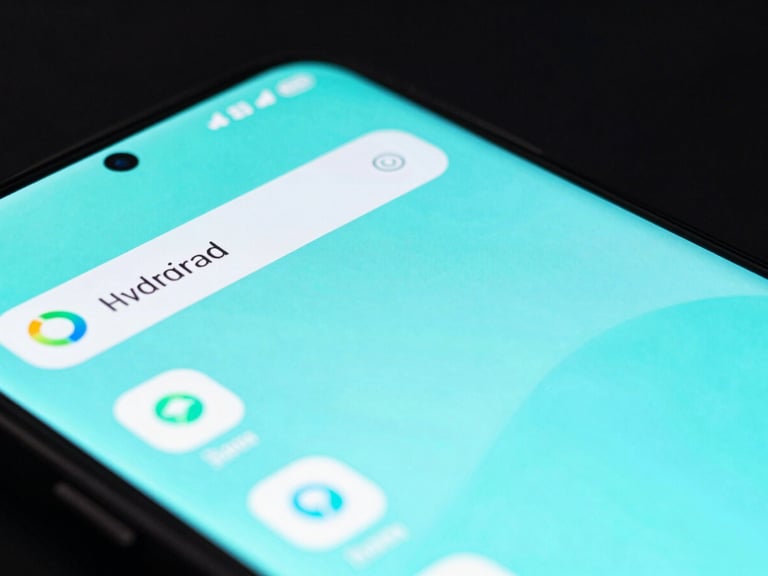 Sleek tech photography, extreme close-up of a high-end Android smartphone displaying a fluid neon-cyan user interface, dark low-key studio lighting, sharp focus, 35mm