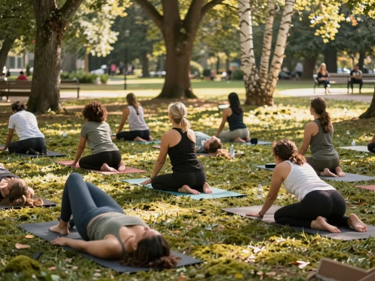 Outdoor community yoga session in a park under dappled tree light, diverse participants, focus on natural setting and connection.