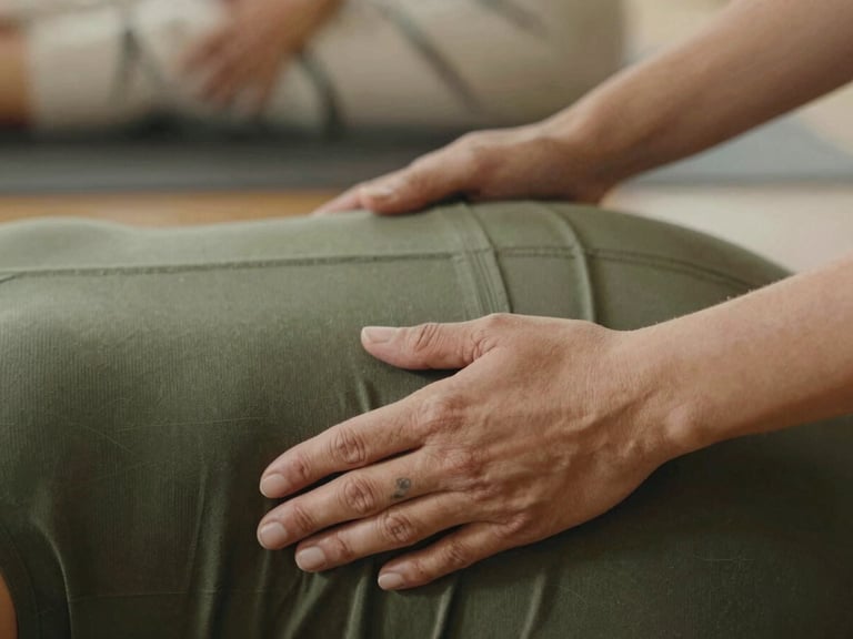 Close-up of hands gently guiding a yoga pose in a private session, soft diffused light, focus on connection and support, warm earthy tones.
