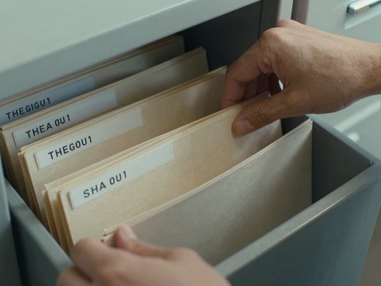 Close-up of hands sorting archival institutional records in a filing system, document folders labeled with academic years, cool available daylight, overhead angle, no faces visible