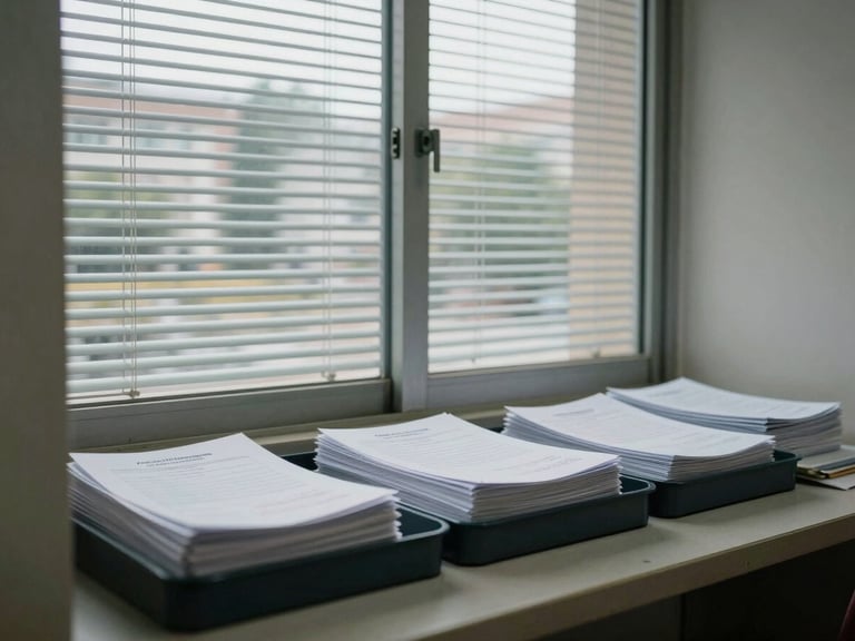 Environmental shot inside a university registrar's office, a service window with paper application forms stacked in sorted trays, overcast daylight through institutional blinds, documentary framing, no people