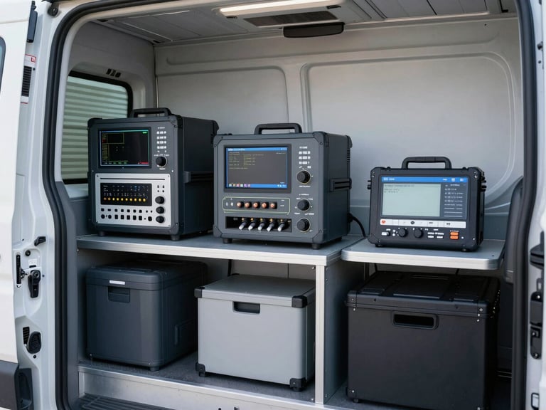 Interior shot of an ITEAM service van, organized with specialized network testing equipment and critical spare parts, clean cool-toned lighting, sharp focus.