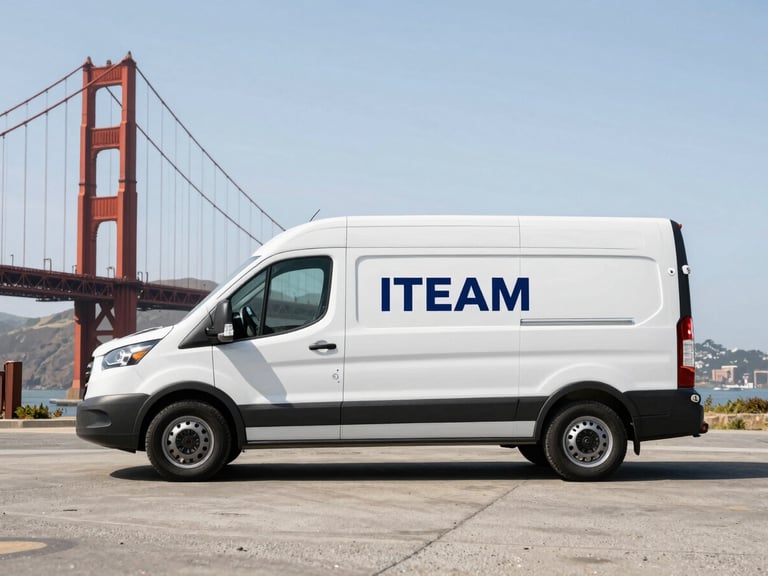 Branded ITEAM service van, clean and modern, parked precisely in front of the Golden Gate Bridge at neutral daylight, wide-angle shot, sharp focus.