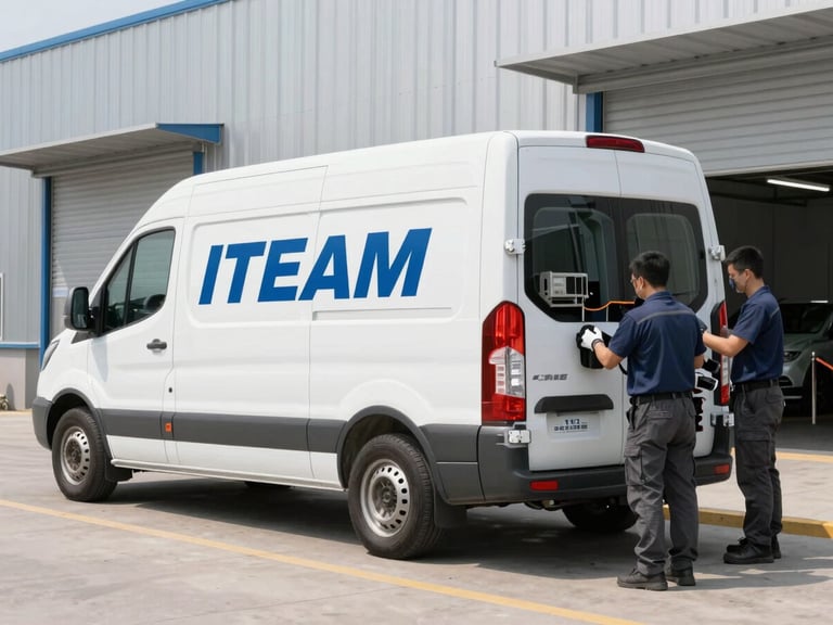 Branded ITEAM service vehicle parked at a commercial building, technicians unloading equipment, bright neutral daylight, sharp focus, 35mm lens