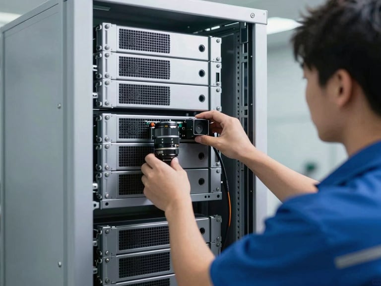 W2 technician in uniform installing a server into a rack, clean, cool-toned industrial lighting, sharp focus, 35mm lens