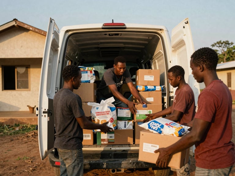 SENSELESS FAVOR MINISTRIES INC team members unloading boxes of food and supplies from the back of a cargo van, hands actively working, in front of a modest rural home. Golden hour light, rich earthy tones.