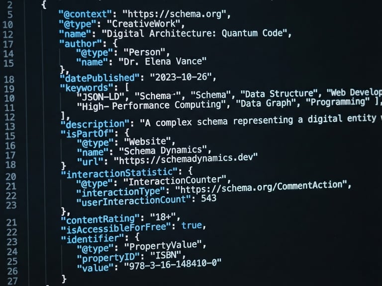 Macro close-up of a high-performance clean JSON-LD schema code block on a dark monitor screen, electric blue highlights, sharp focus, 35mm