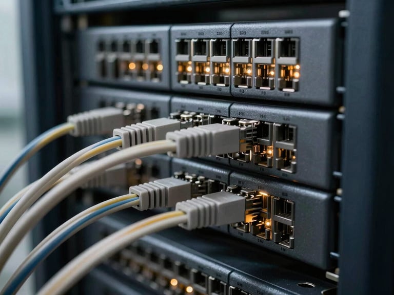 Macro shot of network cables and server racks, with a subtle glow from indicator lights, high contrast, technical focus, 35mm
