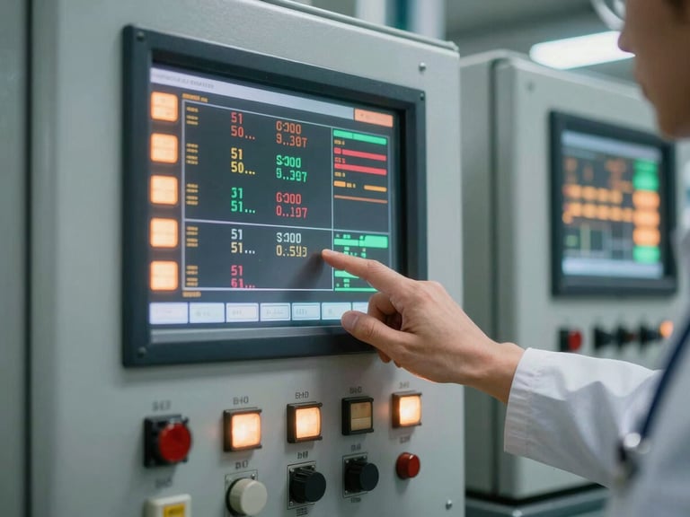 Close-up of a consultant's hand interacting with a factory floor control panel, data flowing on screen, cool industrial daylight, warm machine indicator lights, sharp focus, 35mm
