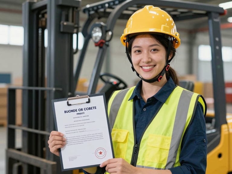 A close-up of a student in a warehouse wearing a safety helmet and high-visibility vest, holding a professional certificate with a proud smile, forklift in the background, 35mm lens.